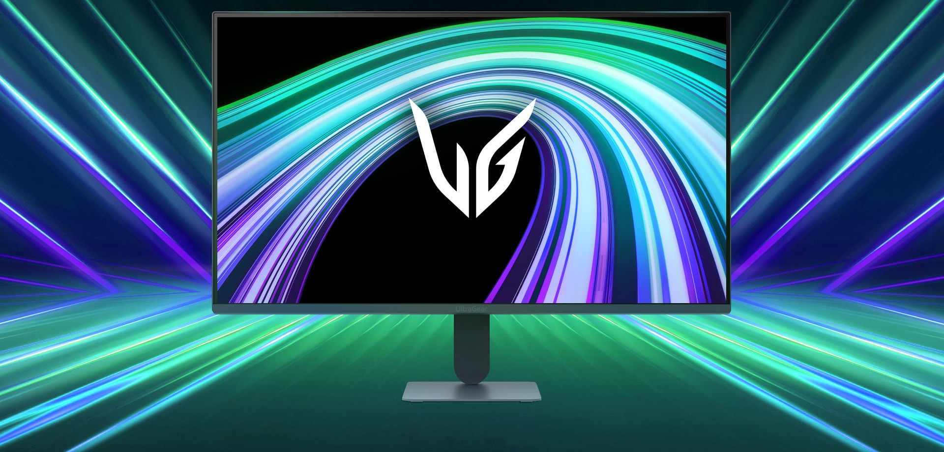 Front image of the UltraGear™ 27g411b gaming monitor in a futuristic, neon-lit room.
