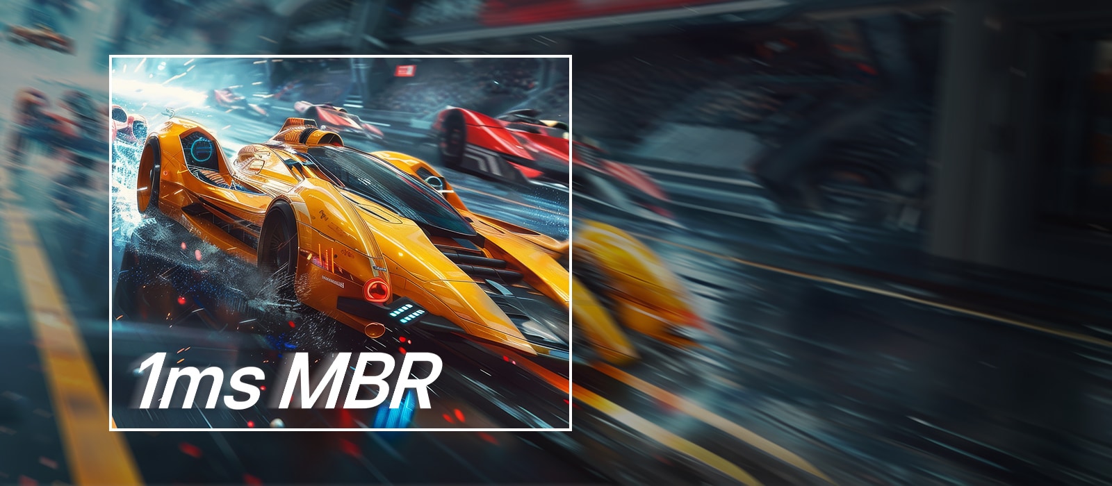 A yellow racing car is shown speeding forward on the screen, with '1ms MBR' displayed prominently. The inside of the white square box is shown clearly while the outside area appears blurred.