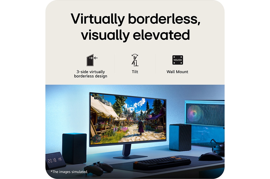 LG 27英寸 UltraGear™ G4, FHD 144Hz电竞显示器, 此图展示了一款UltraGear™游戏显示器在桌面上的摆放场景，正显示着游戏画面，图标标识了三面无边框设计、高度调节、倾斜支撑及壁挂兼容性功能。, 27G411B-B, thumbnail 9