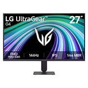 LG 27英寸 UltraGear™ G4, FHD 144Hz电竞显示器, 此图显示了LG UltraGear G4 27英寸游戏显示器的正视图，该显示器具有FHD（1920×1080）分辨率、144Hz刷新率和1ms MBR的IPS显示屏，强调了游戏使用的快速性能和流畅的游戏体验。, 27G411B-B, thumbnail 1