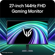 LG 27英寸 UltraGear™ G4, FHD 144Hz电竞显示器, 一款游戏显示器以未来感十足的霓虹风格环境为背景的正面视图。, 27G411B-B, thumbnail 4