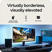 LG 27英寸 UltraGear™ G4, FHD 144Hz电竞显示器, 此图展示了一款UltraGear™游戏显示器在桌面上的摆放场景，正显示着游戏画面，图标标识了三面无边框设计、高度调节、倾斜支撑及壁挂兼容性功能。, 27G411B-B, thumbnail 9