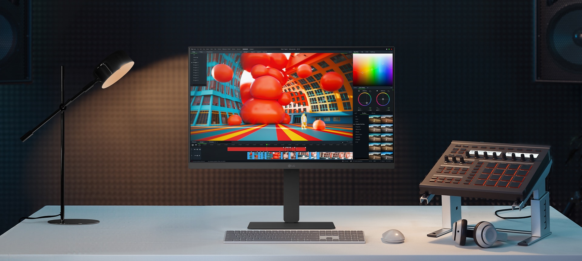 Front view of a white LG monitor on a desk, displaying a colorful 3D editing interface, with a lamp, keyboard, audio mixer, and headphones nearby.