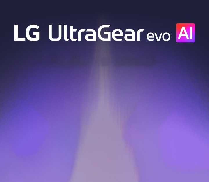 UltraGear™ evo AI logo in a futuristic, neon-lit room.