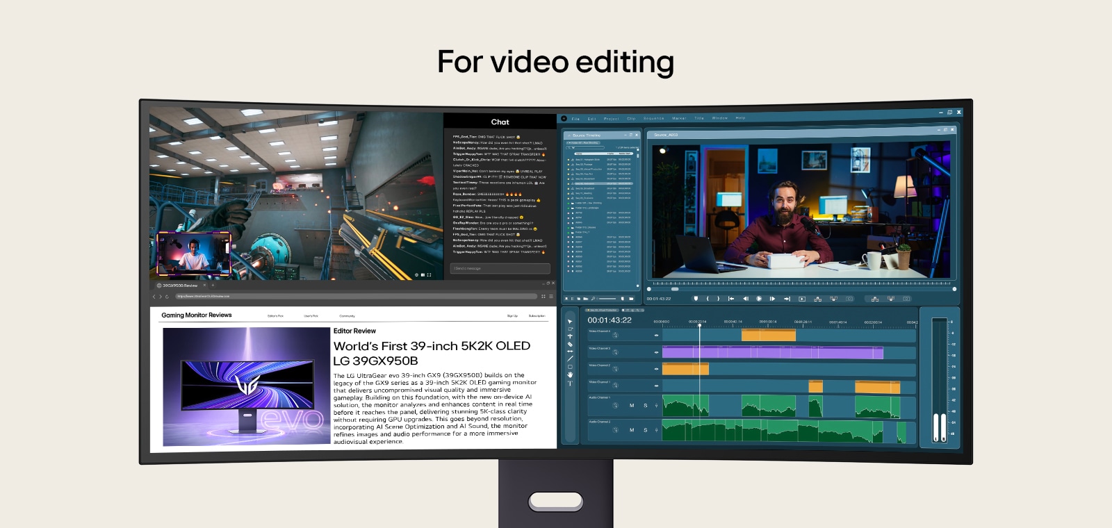 UltraGear gaming monitor (39GX950B) maximizes productivity in video and photo editing with its 21:9 screen