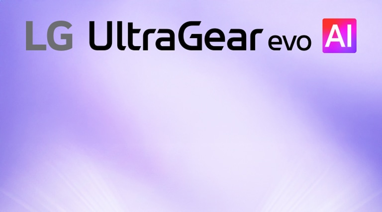 UltraGear™ evo AI logo in a futuristic, neon-lit room.