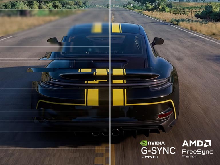 UltraGear gaming monitor (27GM950B) delivers smooth, tear-free racing gameplay with NVIDIA G-SYNC and AMD FreeSync Premium