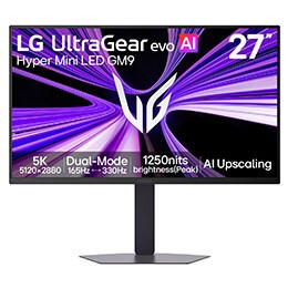Front view of 27-inch UltraGear evo GM9, Hyper Mini LED Gaming Monitor with Dual Mode (5K 165Hz or QHD 330Hz) (27GM950B)2