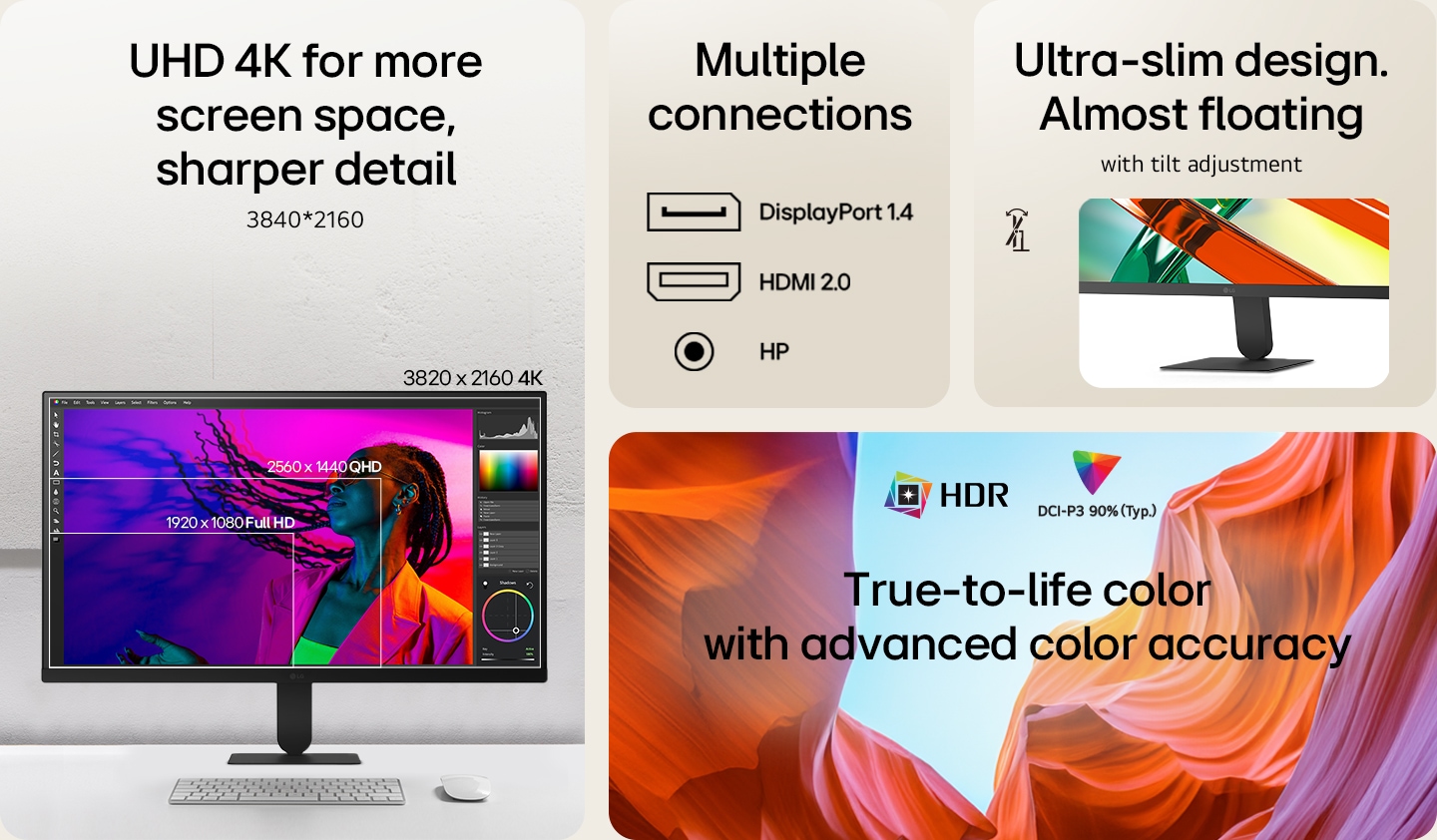 LG UHD 4K monitor feature highlights present a display resolution of 3840x2160, multiple connection options, and adjustable height and tilt settings. 