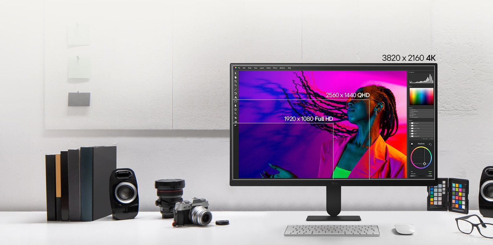 LG UHD 4K monitor feature highlights include a display resolution of 3840x2160, providing more screen space and sharper detail for enhanced productivity.