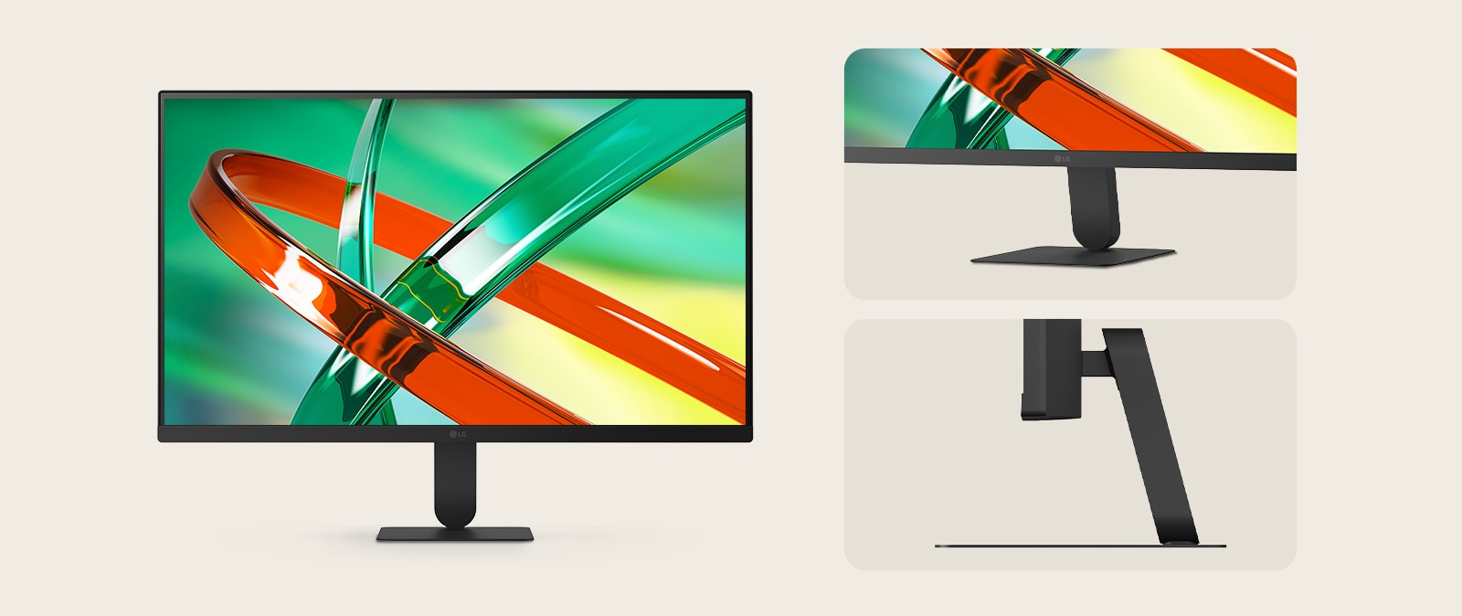 LG monitor feature highlights display the monitor from front and side views, illustrating adjustable height and a minimalistic design suited for modern workspaces. 
