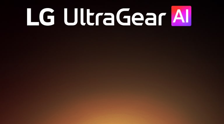 UltraGear™ AI logo in a futuristic, neon-lit room.