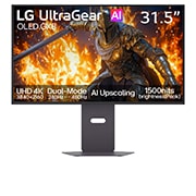 LG 31.5英寸 UltraGear GX8系列，全球首款 AI 超分技术 31.5英寸 4K 240Hz 第四代 Tandem OLED 显示器 , Front view, displaying game imagery, 32GX870B-B, thumbnail 2