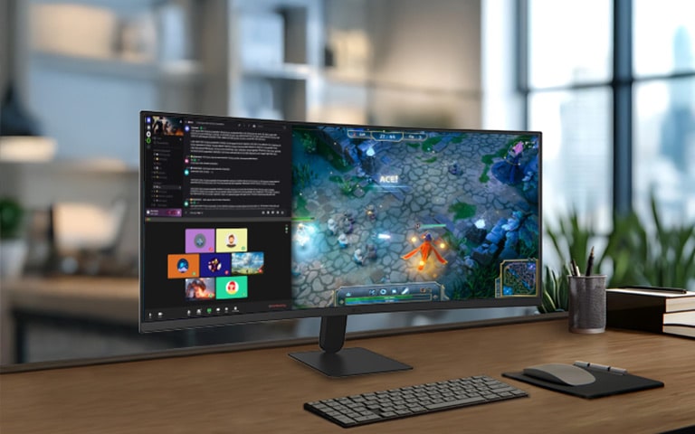 LG UltraWide Curved Monitor on a modern desk, displaying immersive first-person gaming on a wide curved screen alongside a multitasking interface, delivering expansive visuals, smooth gameplay, and enhanced productivity in a home office workspace setup.