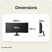 LG 34英寸 UltraWide, WQHD 曲面屏 (1800R) 120Hz 显示器, LG UltraWide Curved monitor front and side view with product dimensions displayed in millimeters., 34U601B-B, thumbnail 14
