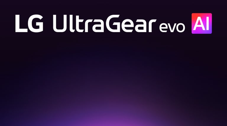 UltraGear™ evo AI logo in a futuristic, neon-lit room.