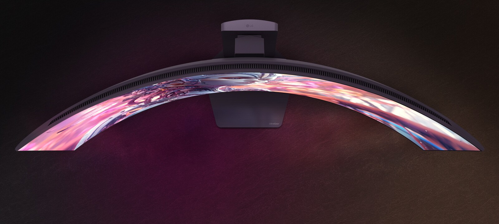 An animated video transitioning from a front view to a top view of a curved monitor.