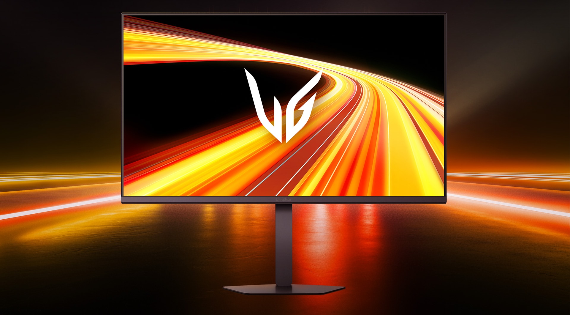 Front image of the UltraGear™ 32G650B gaming monitor in a futuristic, neon-lit room.