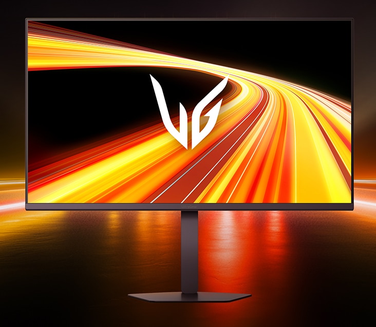 Front image of the UltraGear™ 32G650B gaming monitor in a futuristic, neon-lit room.