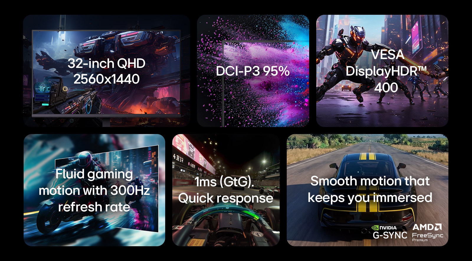 This image presents key features of an LG gaming monitor, including a 300Hz refresh rate for fluid motion, DCI-P3 95% color gamut for vivid and accurate colors, smooth gameplay with NVIDIA G-SYNC and AMD FreeSync Premium support, and 1ms(GtG) response time for fast-paced gaming.