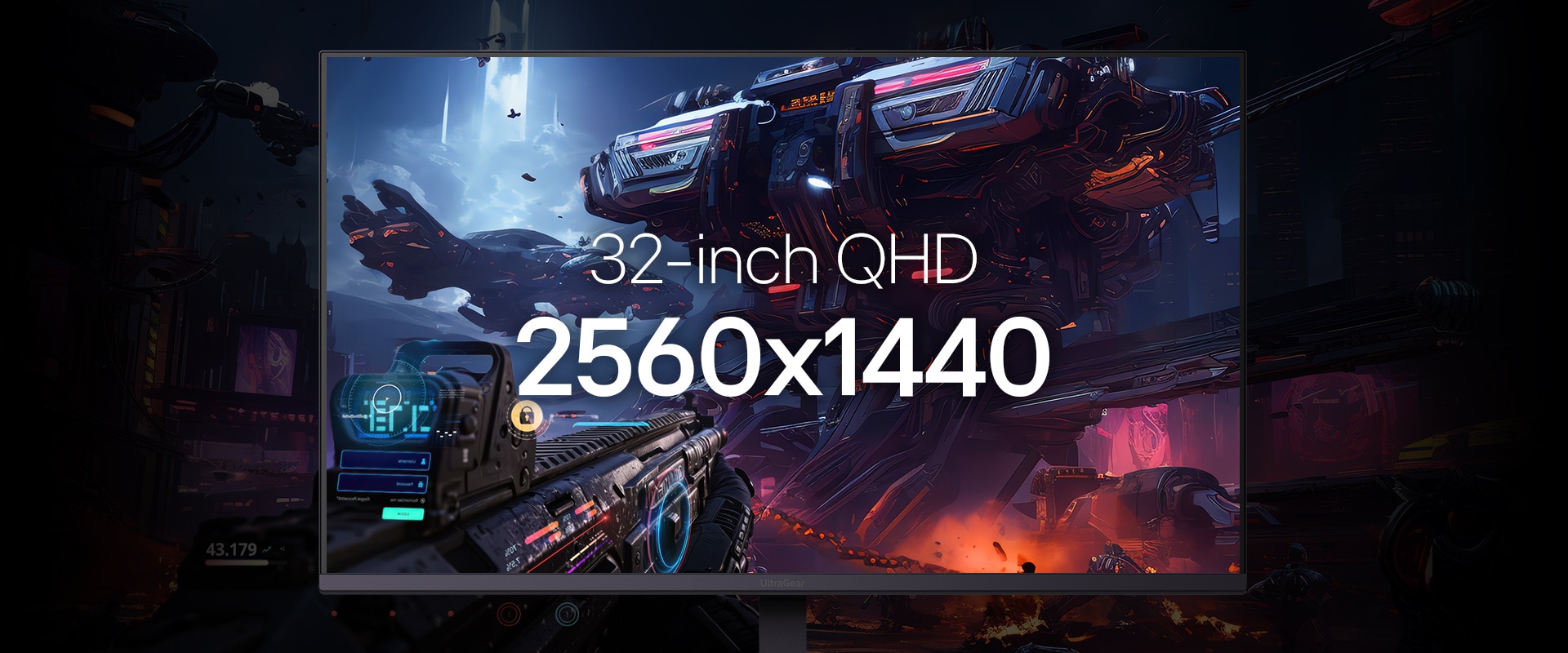 Close-up of the UltraGear™ 32G650B monitor displaying a sci-fi game scene, highlighting its 16:9 QHD resolution of 2560x1440.