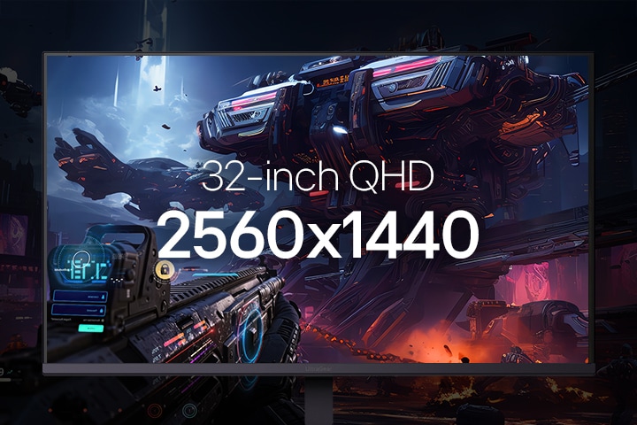 Close-up of the UltraGear™ 32G650B monitor displaying a sci-fi game scene, highlighting its 16:9 QHD resolution of 2560x1440.