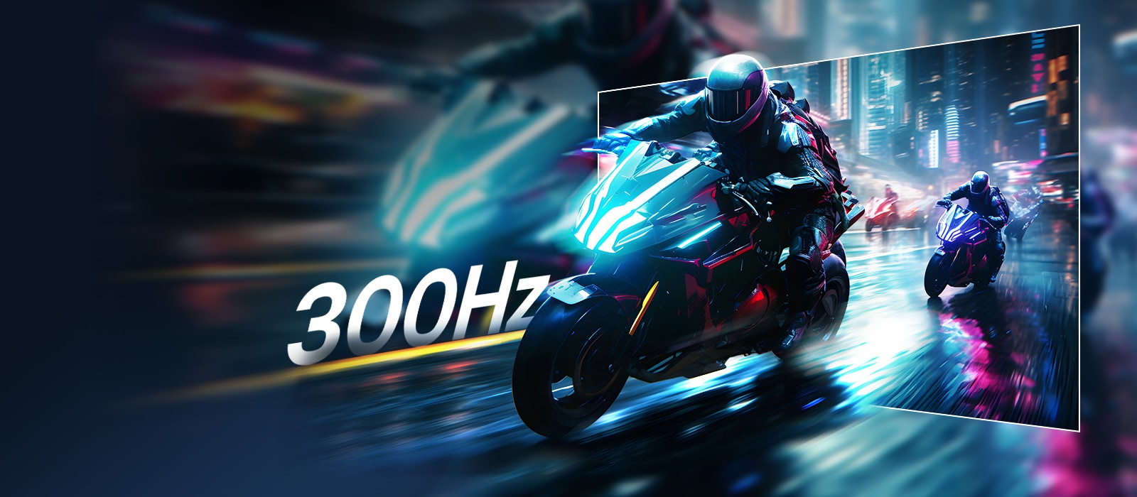 Motorcycle racing scene illustrating the UltraGear™ 32G650B’s 300Hz refresh rate for fluid, crystal-clear gaming motion.