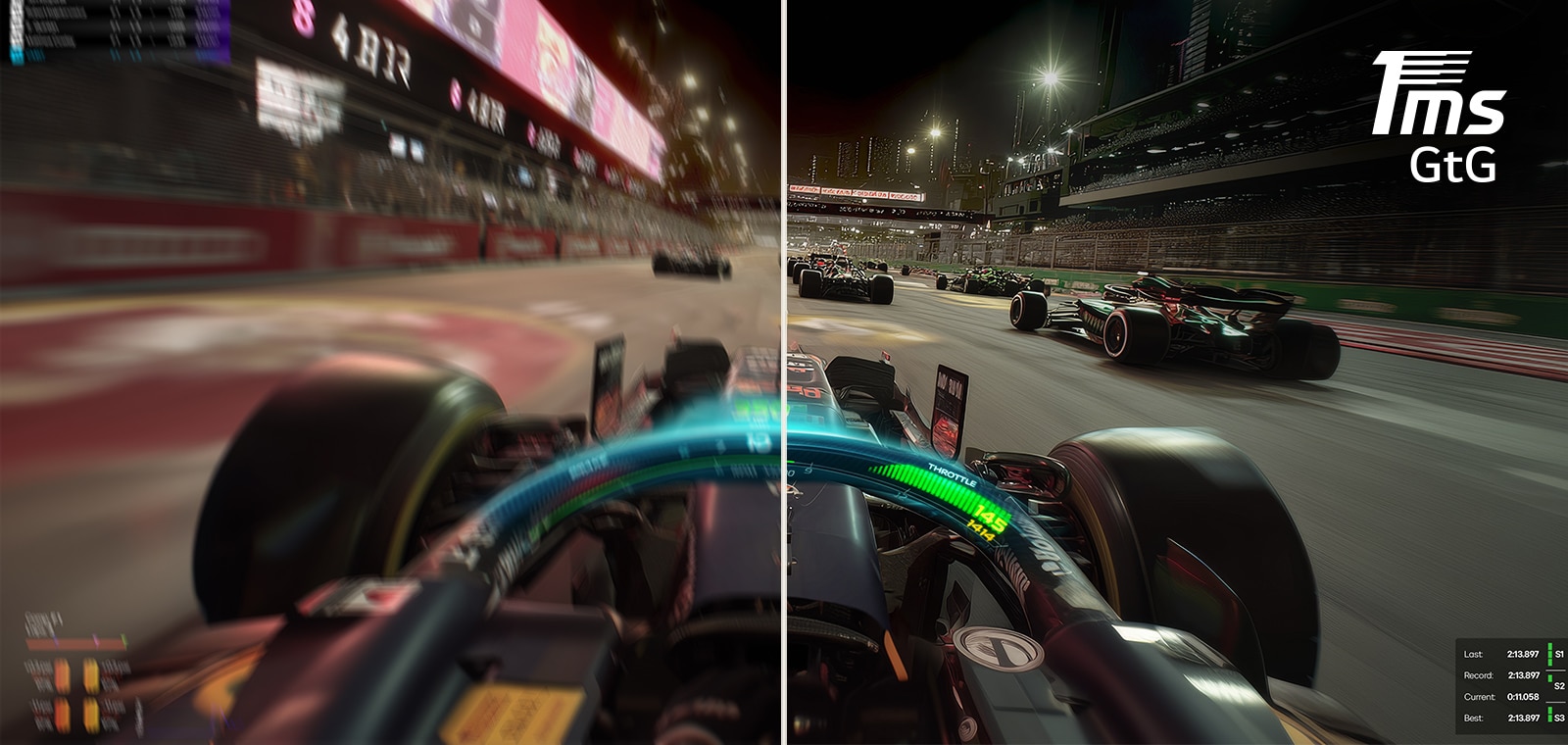 Comparison image showing reduced motion blur on the UltraGear™ 32G650B with 1ms (GtG) response time for smoother gaming visuals.