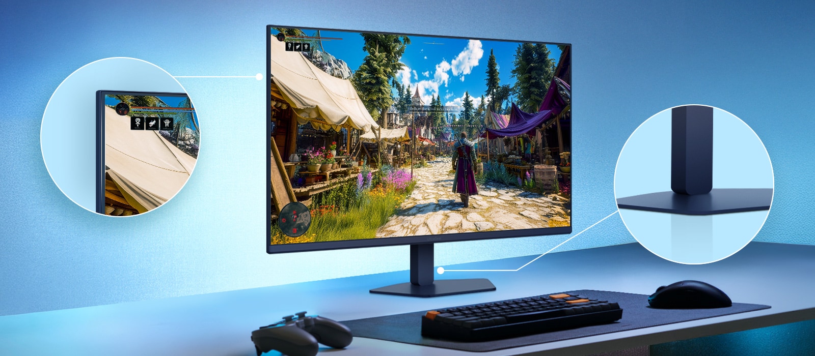 This image shows an UltraGear™ gaming monitor on a desk setup displaying a game scene, with zoomed-in highlights emphasizing the borderless display design and a sleek floating-like stand.