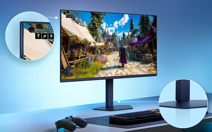 This image shows an UltraGear™ gaming monitor on a desk setup displaying a game scene, with zoomed-in highlights emphasizing the borderless display design and a sleek floating-like stand.