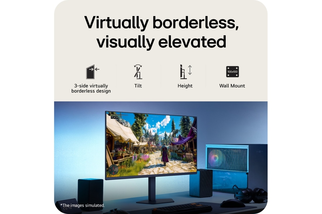 LG 31.5英寸 UltraGear™ G6, 300Hz QHD 电竞显示器, This image shows an UltraGear™ gaming monitor in a desk setup displaying a game scene, with icons indicating 3-side borderless design, tilt support, and wall mount compatibility., 32G650B-B, thumbnail 10