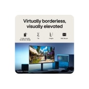 LG 31.5英寸 UltraGear™ G6, 300Hz QHD 电竞显示器, This image shows an UltraGear™ gaming monitor in a desk setup displaying a game scene, with icons indicating 3-side borderless design, tilt support, and wall mount compatibility., 32G650B-B, thumbnail 10