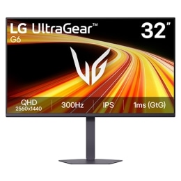 This image shows the front view of the LG UltraGear G6 32-inch gaming monitor, featuring IPS display with QHD (2560×1440) resolution, a 300Hz refresh rate, and 1ms (GtG), emphasizing fast performance 