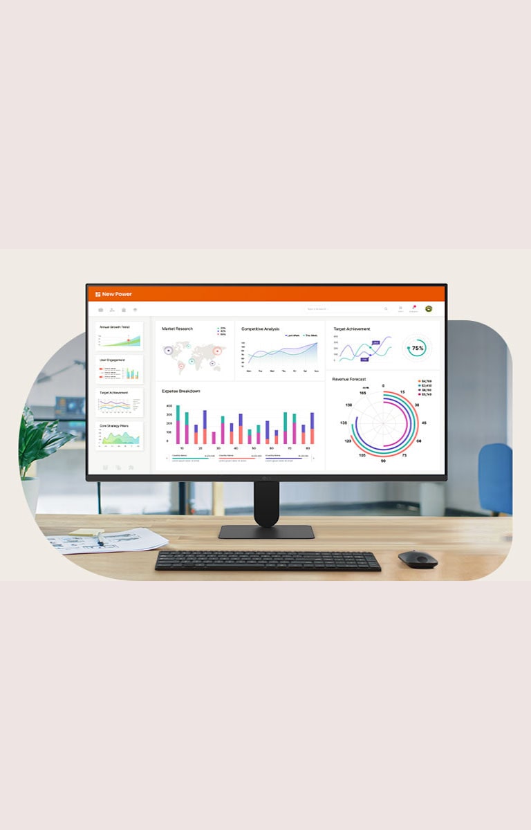 LG FHD Monitor on a desk displaying a business dashboard with charts and analytics, illustrating productivity and everyday office use.