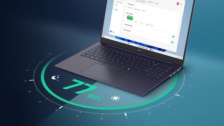 A laptop displaying a battery usage interface on its screen, surrounded by a circular visual representation of time. The text '77Wh' is prominently featured, highlighting battery life.	