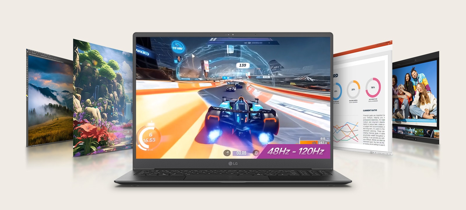 An animation shows a laptop displaying an action-packed football scene on its screen with a highlighted text '31Hz - 144Hz,' surrounded by additional screens featuring diverse visuals. This setup emphasizes gaming and multimedia versatility with a variable refresh rate.	