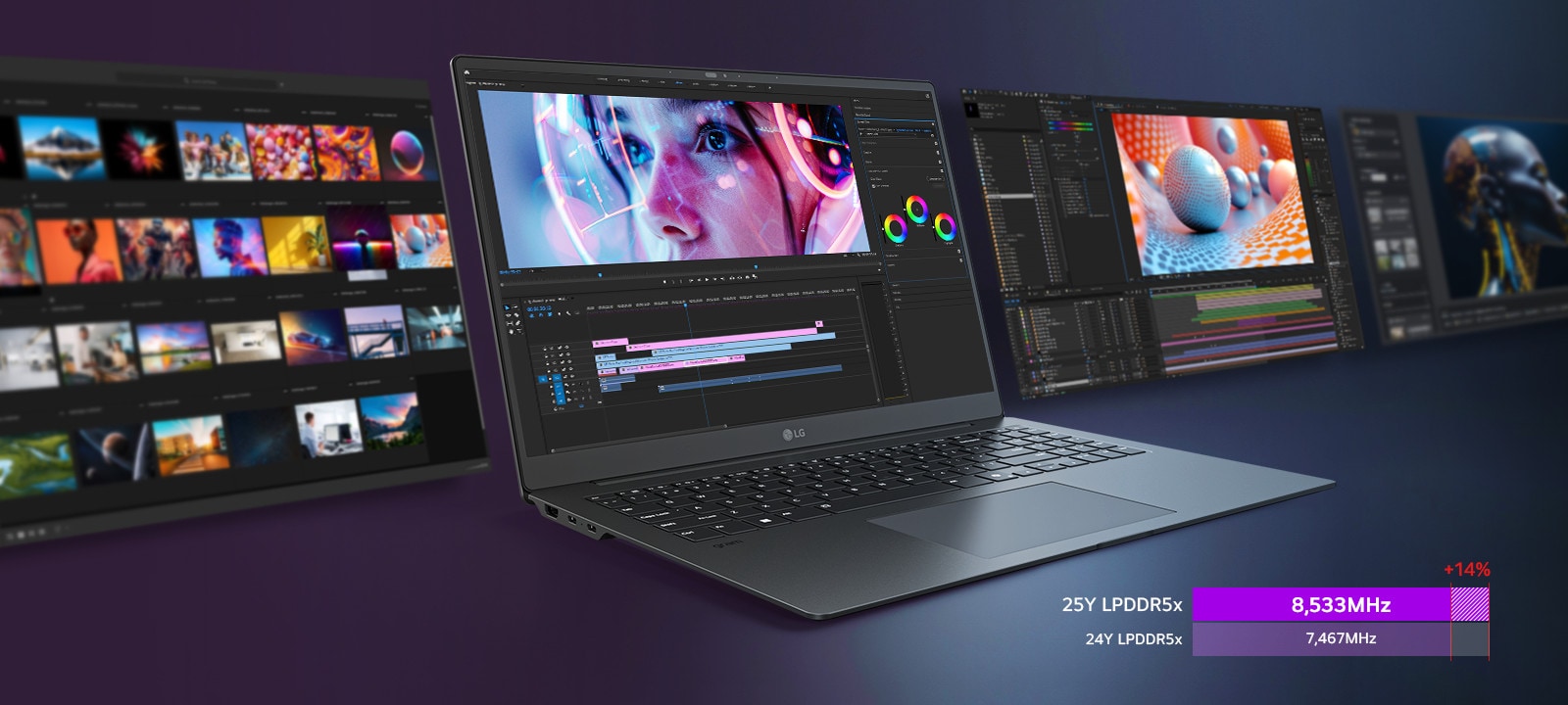 A sleek laptop is showcased with a vibrant video editing interface on its screen, surrounded by additional screens displaying various creative workflows. A performance graph in the bottom right corner highlights LPDDR5x memory speed of 8,533 MHz with a 14% improvement compared to 7,467 MHz LPDDR5x memory.