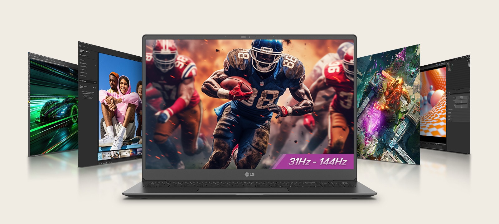 An animation shows a laptop displaying an action-packed football scene on its screen with a highlighted text '31Hz - 144Hz,' surrounded by additional screens featuring diverse visuals. This setup emphasizes gaming and multimedia versatility with a variable refresh rate.	