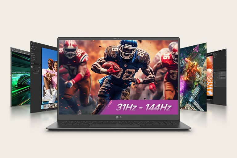 An animation shows a laptop displaying an action-packed football scene on its screen with a highlighted text '31Hz - 144Hz,' surrounded by additional screens featuring diverse visuals. This setup emphasizes gaming and multimedia versatility with a variable refresh rate.	