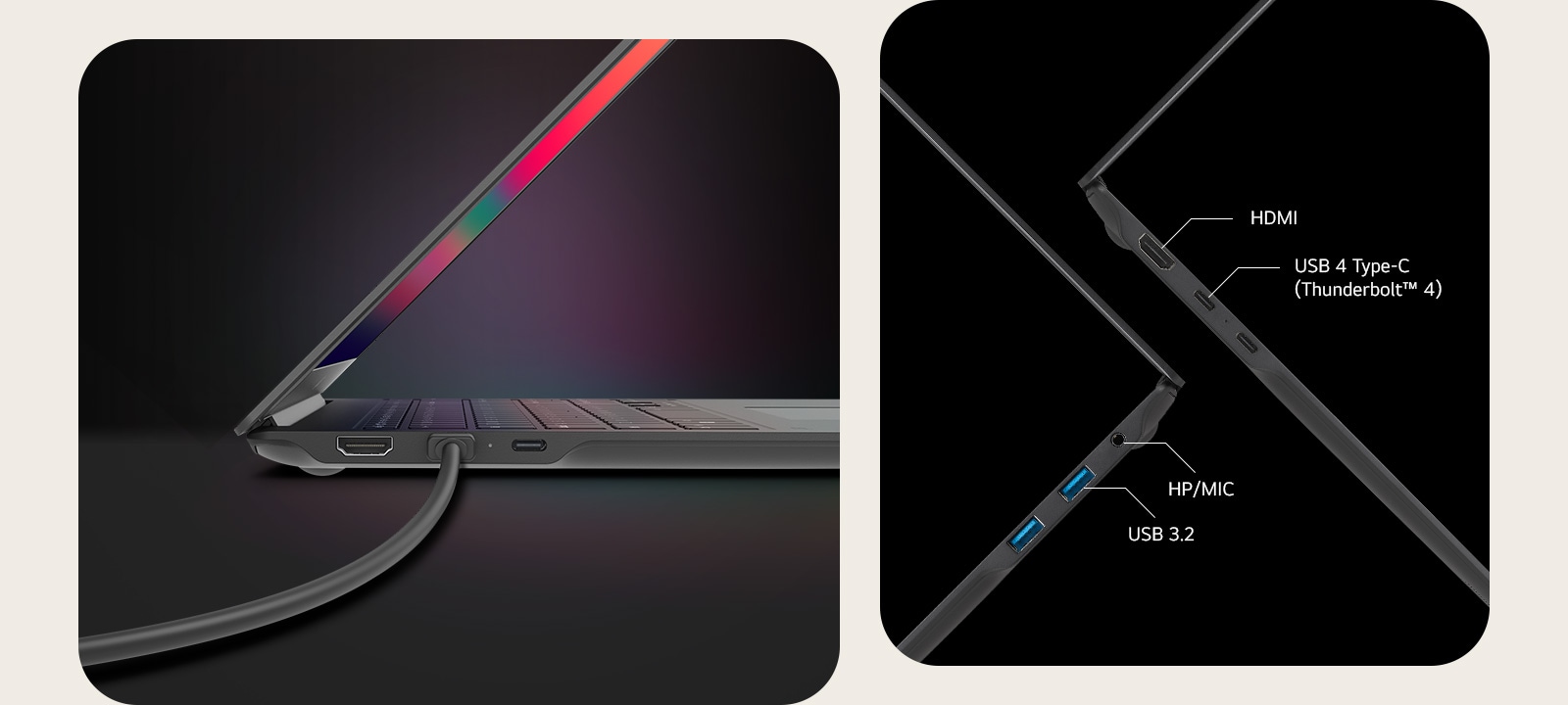 HDMI、USB 4 Type-C（Thunderbolt）™ 4） ，HP/MIC，USB 3.2。