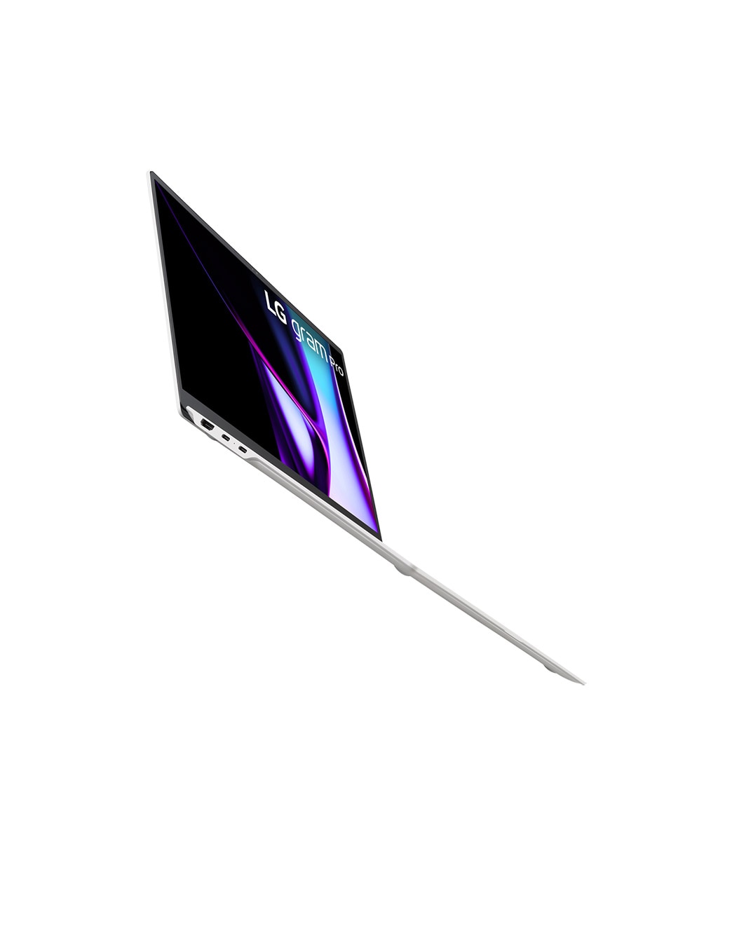 LG gram pro 16寸超薄笔记本/Pro-grade visuals/16:10防眩光IPS显示屏/Intel® Core™ Ultra 7处理器, Left side view with low angle and cover open, 16Z90SP-G.AL87C