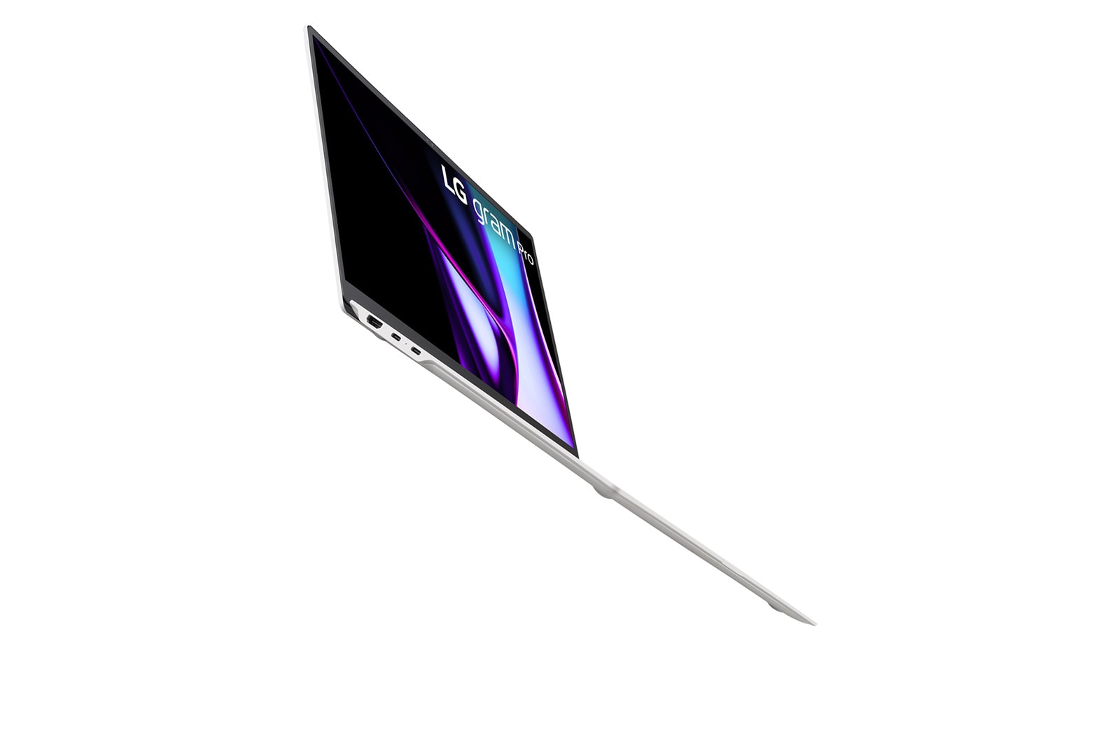 LG gram pro 16寸超薄笔记本/Pro-grade visuals/16:10防眩光IPS显示屏/Intel® Core™ Ultra 7处理器, Left side view with low angle and cover open, 16Z90SP-G.AL87C