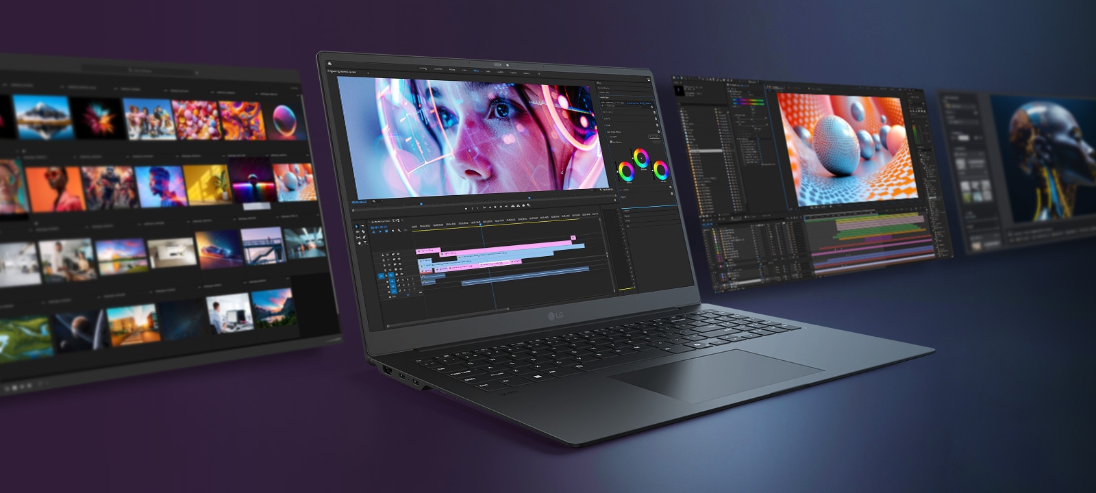 A sleek laptop is showcased with a vibrant video editing interface on its screen, surrounded by additional screens displaying various creative workflows.	