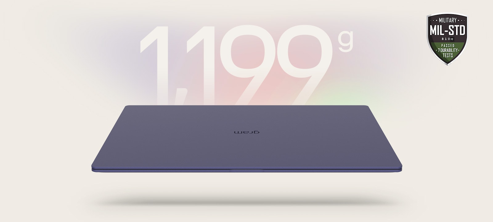 An animation showcasing a lightweight laptop with '1,199g' displayed in the first frame and '12.4mm' thickness in the second frame. Both frames include the MIL-STD durability badge, emphasizing portability and durability.	