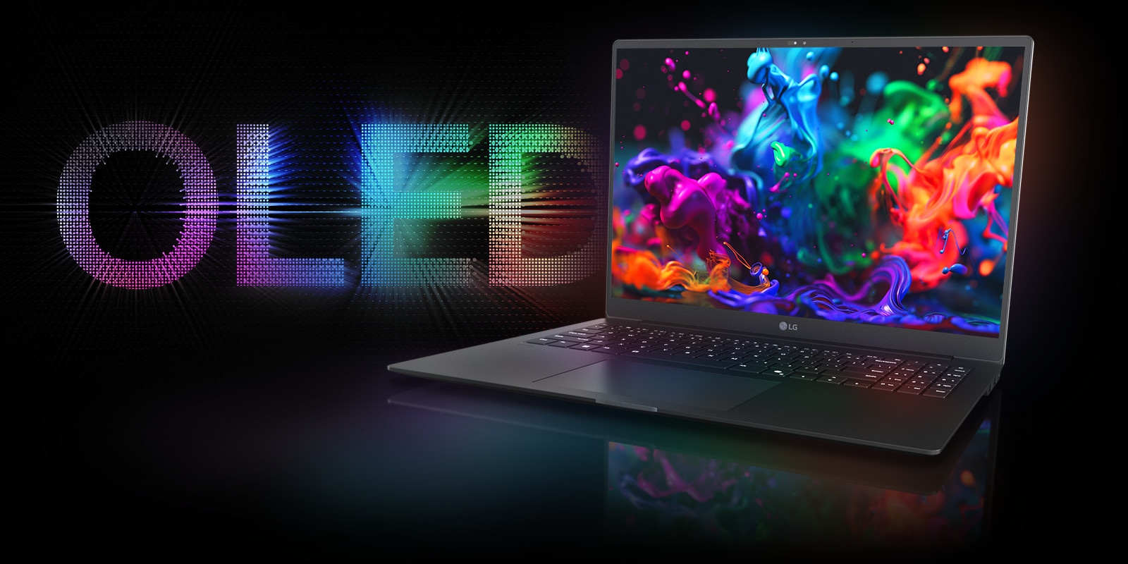 A laptop with a vibrant OLED screen displaying colorful abstract visuals, accompanied by a glowing OLED text logo in the background.	