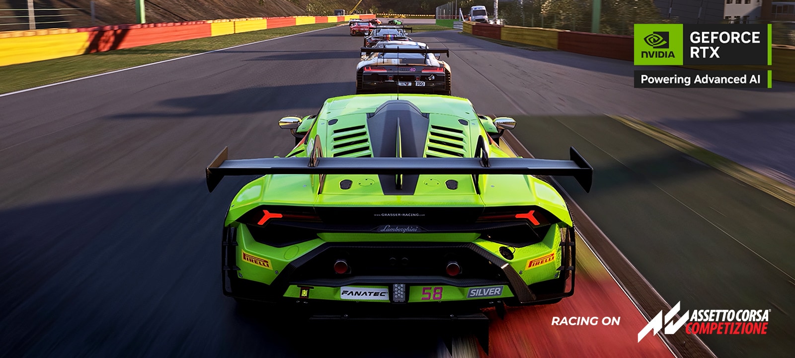 A racing scene from Assetto Corsa Competizione showing a bright green sports car leading a line of cars on a track. The NVIDIA GeForce RTX logo with the phrase “Powering Advanced AI” is displayed in the top right corner.