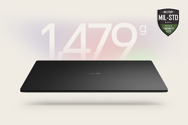 An animation showcasing a lightweight laptop with '1,479g' displayed in the first frame and '14.5mm' thickness in the second frame. Both frames include the MIL-STD durability badge, emphasizing portability and durability.