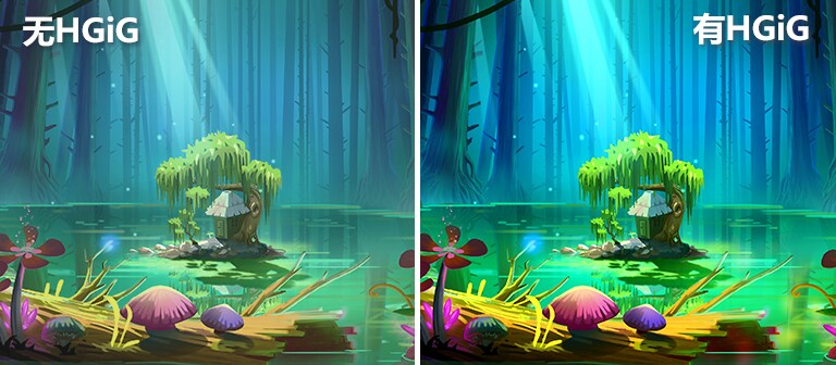 一张动画图像，一间小房子和一棵树在池塘中央，周围是高大和光秃秃的树，右上角是“有HGIG”字样，与无HGIG相比，其更明亮，画质更好。