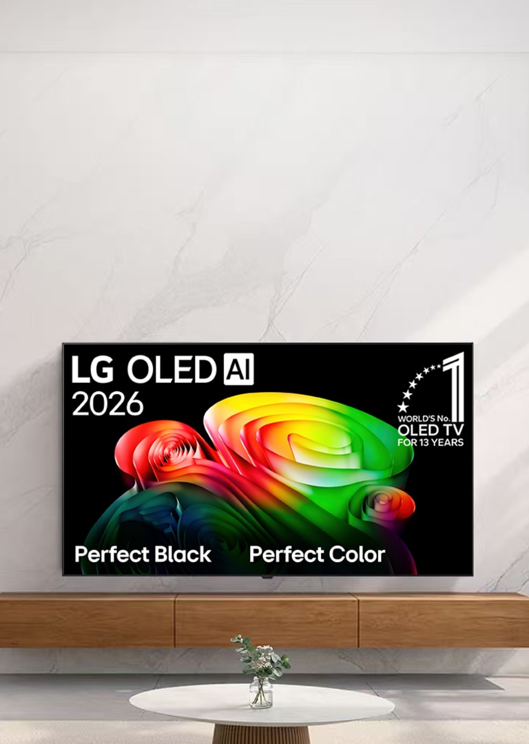 LG OLED G5 在黑色背景下显示了紫色和黄色的抽象图片。图像的左下角有“12 年世界第一的 OLED 电视”的标志。