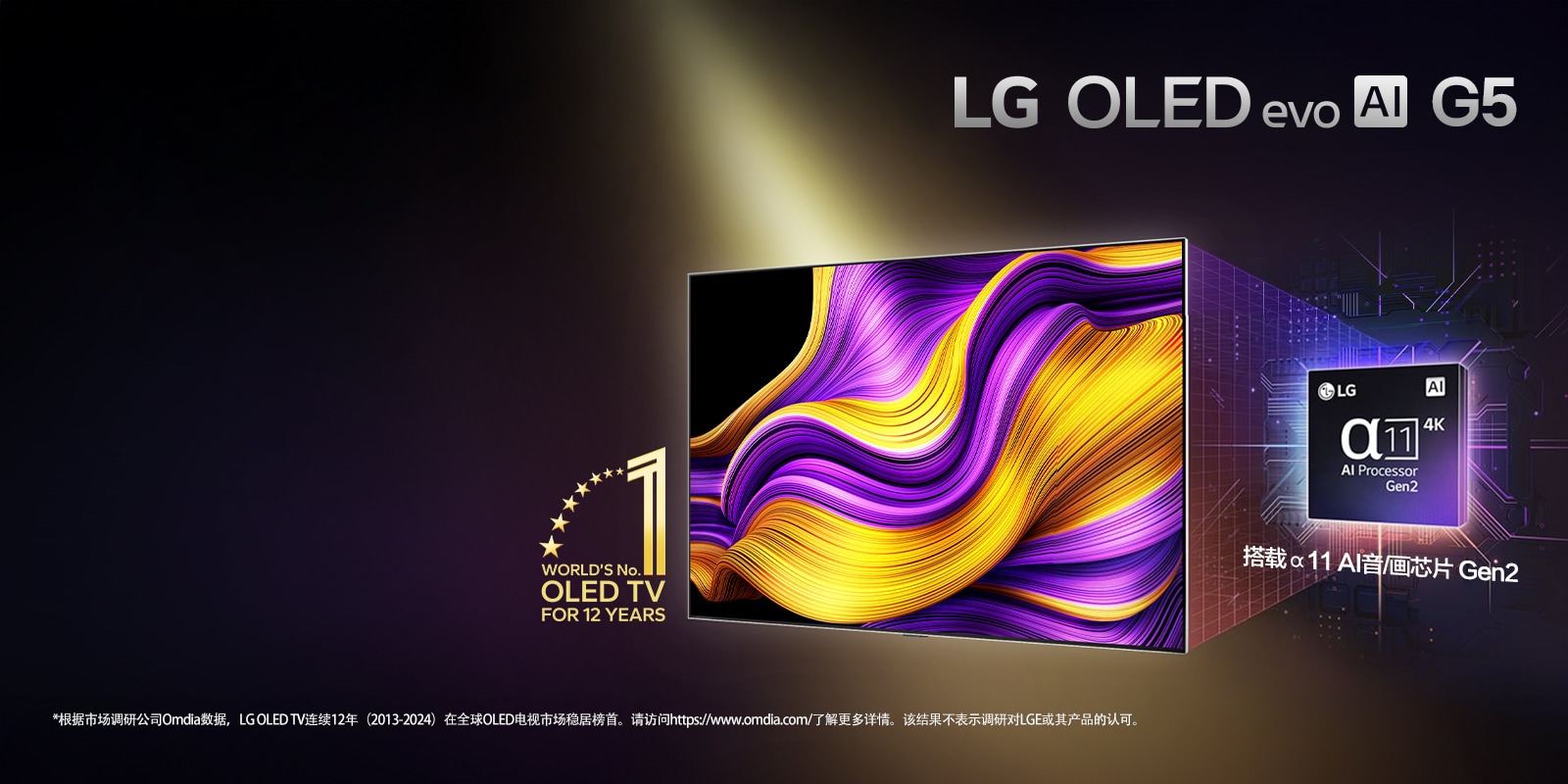 LG OLED G5 在黑色背景下显示了紫色和黄色的抽象图片。图像的左下角有“12 年世界第一的 OLED 电视”的标志。